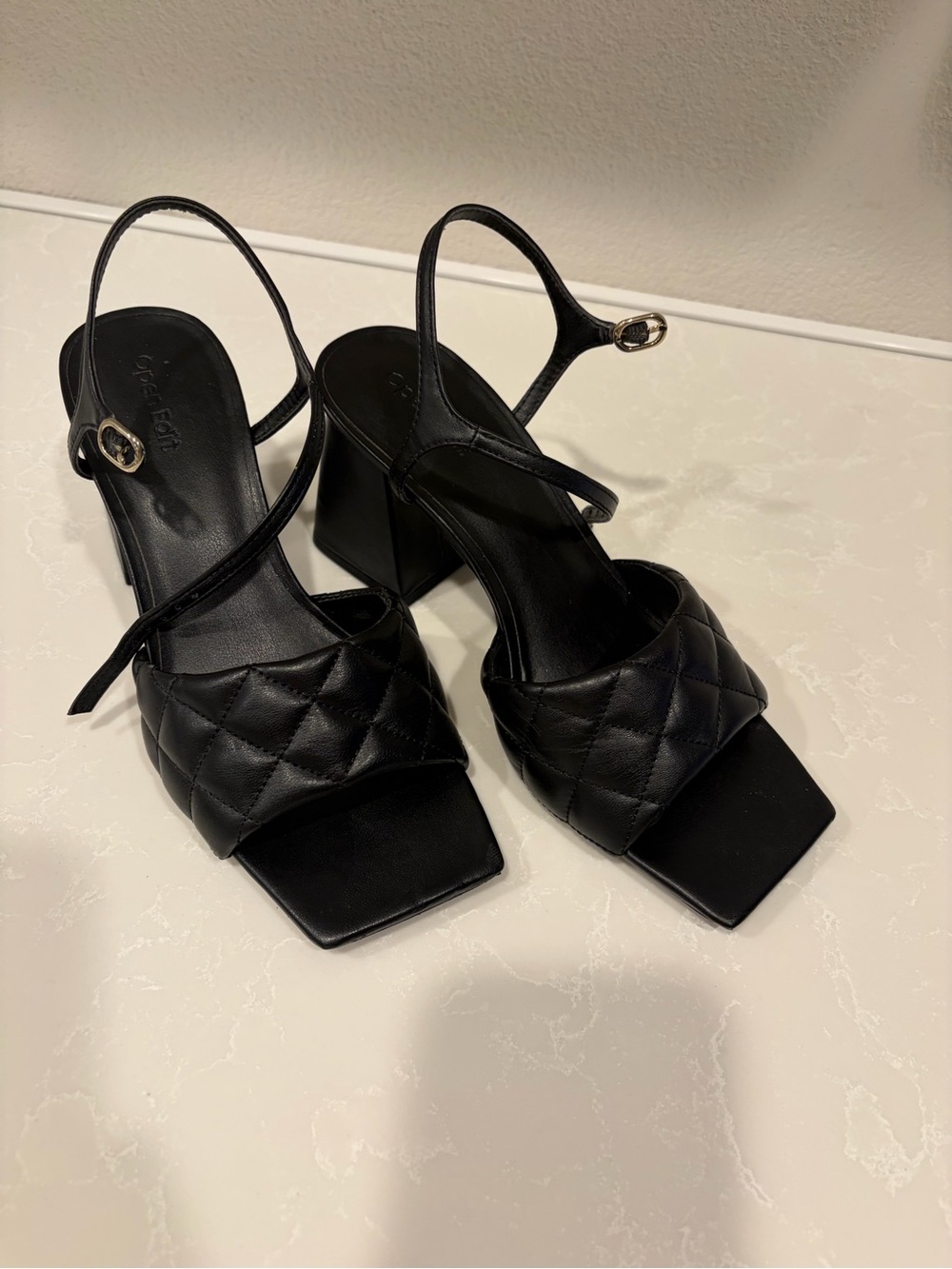 Quilted Black Block Heel Sandals with Ankle Strap - Women